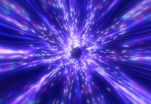 Beautiful abstract purple tunnel made of futuristic digital stripes and lines glowing with bright magic energy on a black space background. Abstract background.