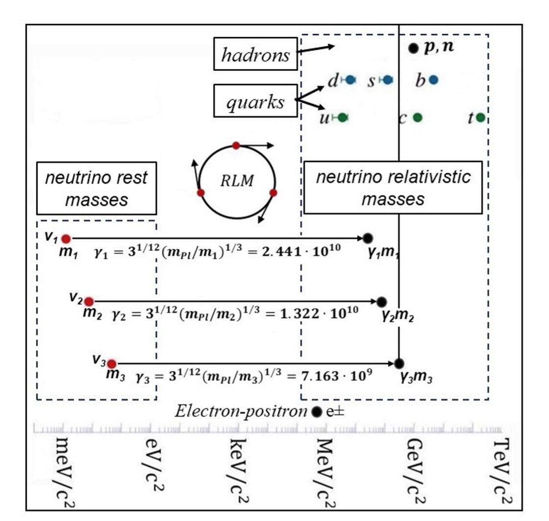 Figure 3. The marvel of neutrino hadronization via Special Relativity: Rest masses (m1, m2 and m3) andprotons (p) and neutrons (n) and with the masses of quarks (u, d, c, s, t and b). Note how these huge (~1010) γi values bring the corresponding neutrino masses from the rest neutrino mass range (~ meV/c2) to the relativistic neutrino mass range (~ GeV/c2), which is in the quarks and hadrons mass range. Note also that protons and neutrons are formed from the heaviest neutrinos ν3 of rest mass m3 via the action of special relativity.