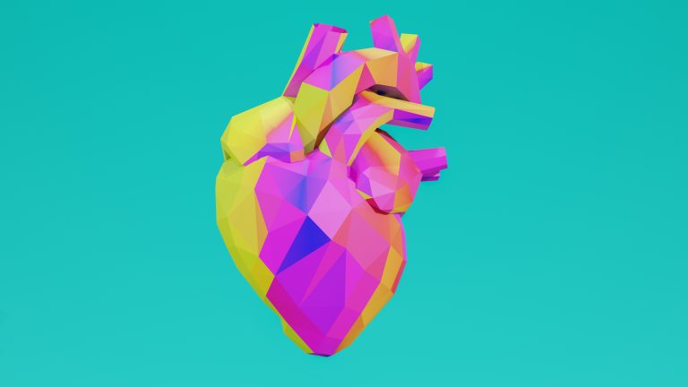 Heart in low poly colorful style. Heart low poly Abstract polygonal heart 3D render, for graphic resource