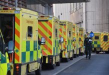Ambulance vehicles at the Royal London Hospital