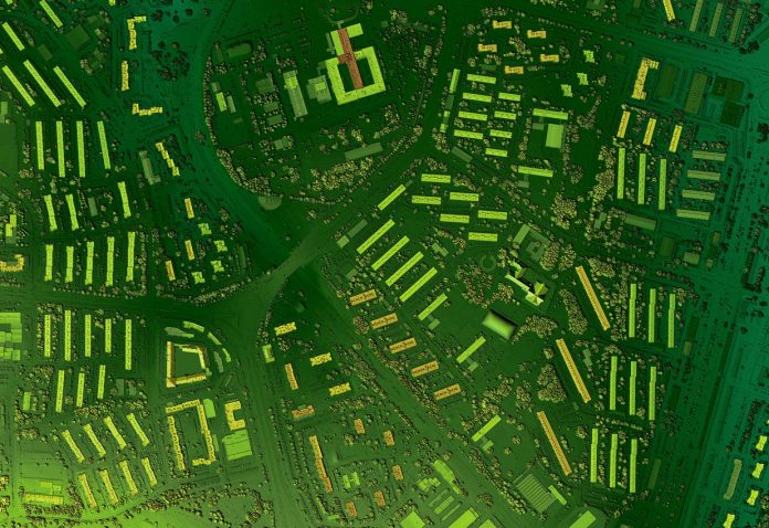 Digital elevation model of an urban area. GIS product created after processing aerial images from a drone. It shows the urban area with streets, intersections and suburbs