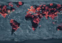 Satellite image of world map and most affected regions. The concept of Computer virus, Spread virus animation, climate change, pandemic