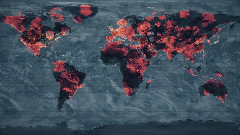 Satellite image of world map and most affected regions. The concept of Computer virus, Spread virus animation, climate change, pandemic