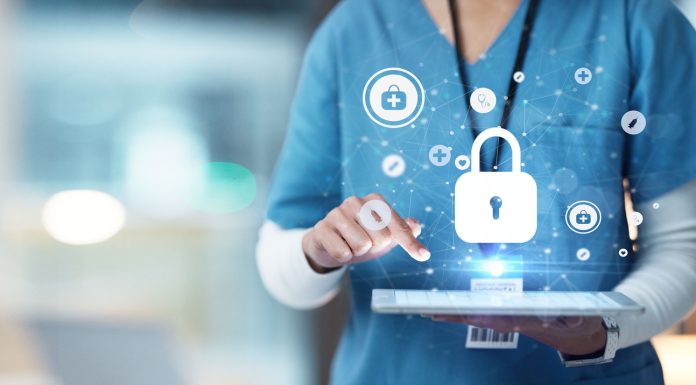 Medical cybersecurity, tablet and hands of doctor, surgeon or nurse with virtual hologram for database lock. Mockup hospital, life insurance and woman with digital archive biometric for info safety