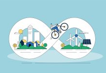 Figure eight cycle symbol and urban environment. Environmental protection concept illustration.