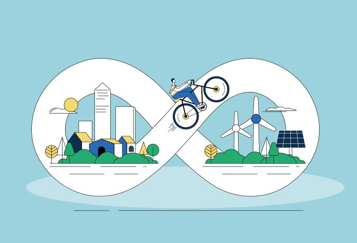 Figure eight cycle symbol and urban environment. Environmental protection concept illustration.