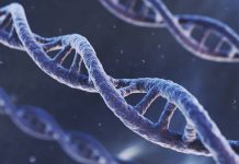 3d Render DNA Molecule Helix, Biotechnology, Molecular structure Concept (Depth Of Field)