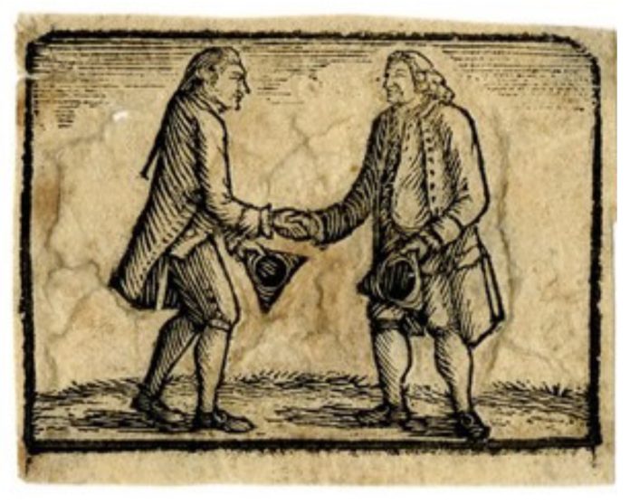 ‘Two Merchants Shaking Hands’ (c.1776), engraved by Thomas Bewick. [British Museum Prints & Drawings, no: 1882,0311.3998]