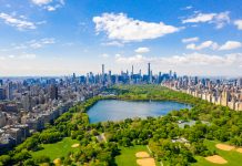 Aerial view of the Central park in New York with golf fields