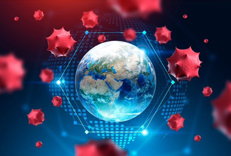 Red virus cells over planet Earth and its blurry hologram. Concept of coronavirus and cure search. Immunology and healthcare. 3d rendering toned image. Elements of this image furnished by NASA