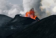 Dramatic view of Fagradalsfjall volcano eruption in Iceland