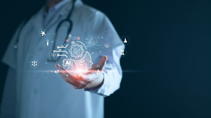 Medical technology, doctor use AI robots for diagnosis, care, and increasing accuracy patient treatment in future. Medical research and development innovation technology to improve patient health. AI tools