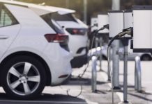 Charging stations for electric cars at a parking lot