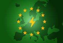 symbol of electric energy on green european union flag and map bakground. vector illustration