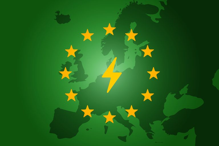 symbol of electric energy on green european union flag and map bakground. vector illustration