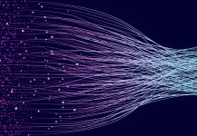 Waving lines with dots as big data visualization. Chaos and order illustration.