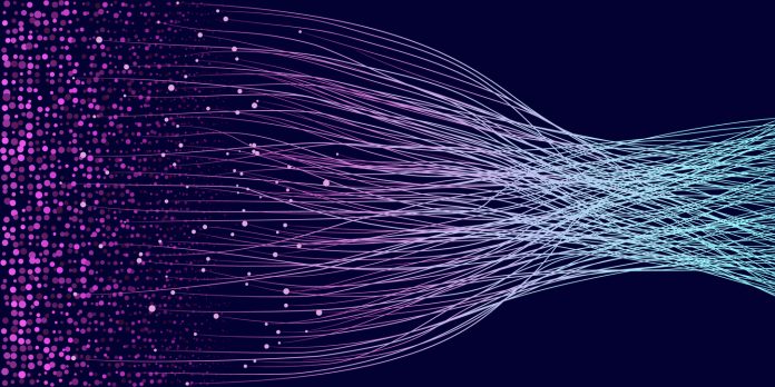 Waving lines with dots as big data visualization. Chaos and order illustration.