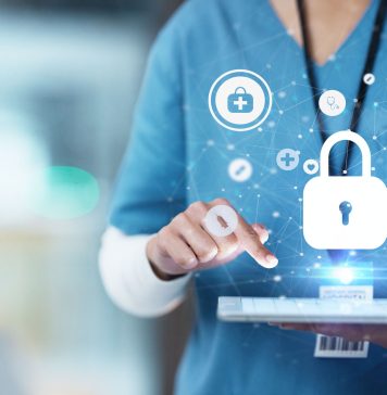 Medical cybersecurity, tablet and hands of doctor, surgeon or nurse with virtual hologram for database lock. Mockup hospital, life insurance and woman with digital archive biometric for info safety