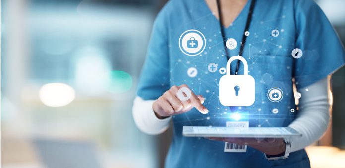 Medical cybersecurity, tablet and hands of doctor, surgeon or nurse with virtual hologram for database lock. Mockup hospital, life insurance and woman with digital archive biometric for info safety