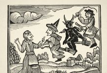 Vintage illustration of from an 18th Century Chapbook. English Folklore, Mother Shipton, Ursula Southeil an English soothsayer and prophetess. Talking with a Witch, Devil and warlock flying brooms