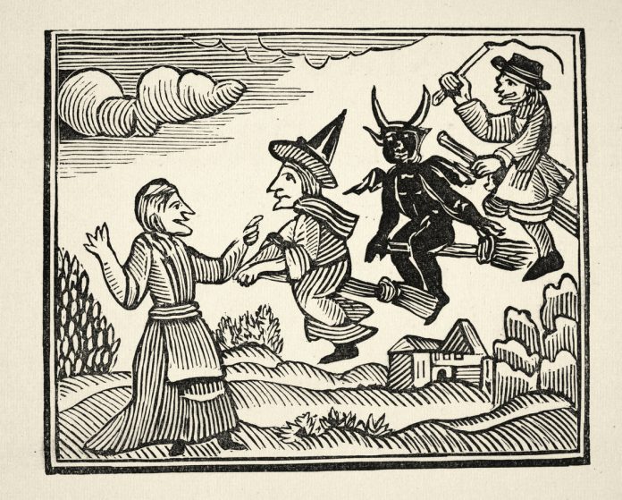 Vintage illustration of from an 18th Century Chapbook. English Folklore, Mother Shipton, Ursula Southeil an English soothsayer and prophetess. Talking with a Witch, Devil and warlock flying brooms