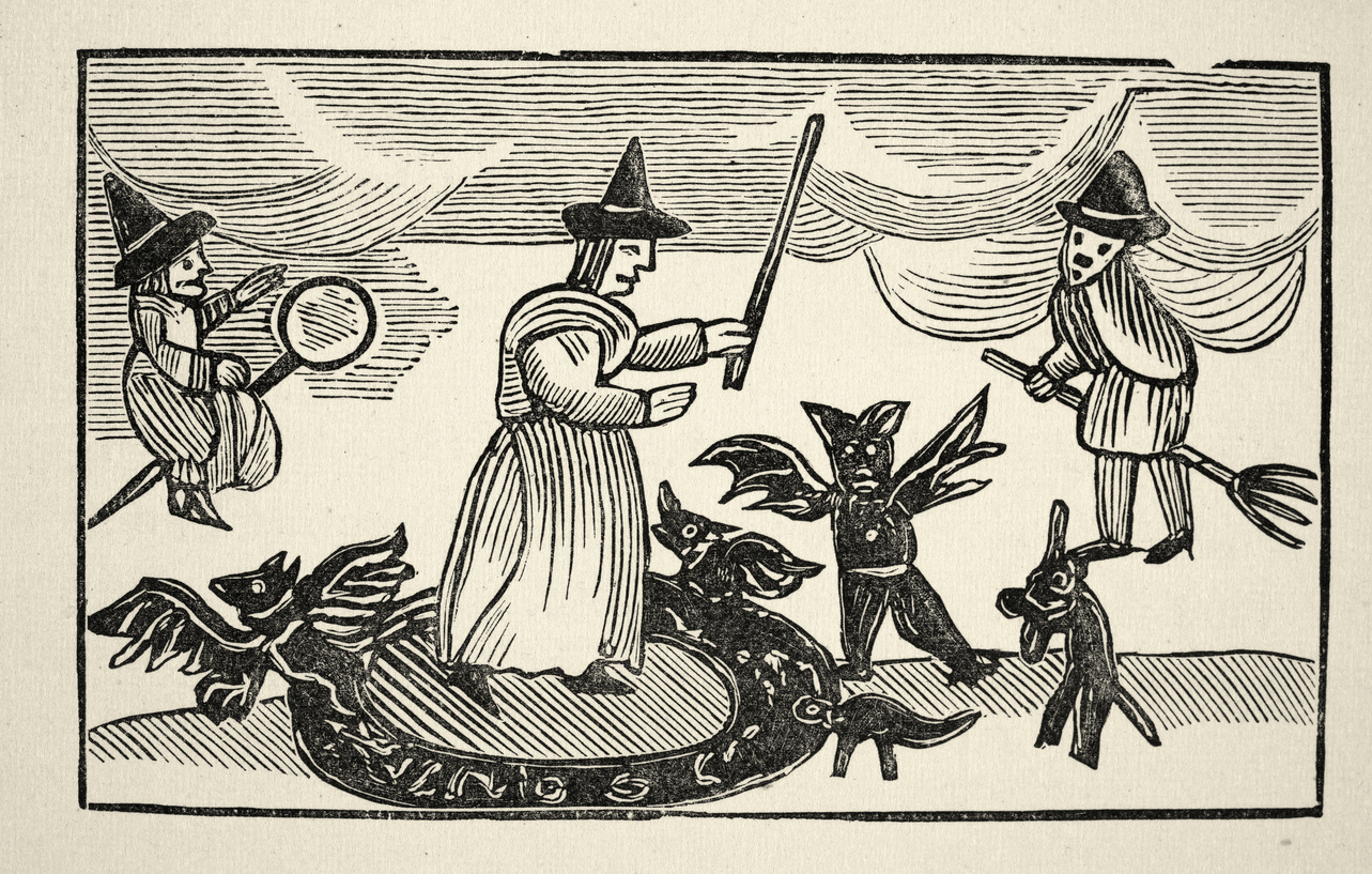 Vintage illustration of from an 18th Century Chapbook. English Folklore, Mother Shipton, Ursula Southeil an English soothsayer and prophetess, Casting a magic speel, protected by a circle ward