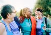 Senior sport people having fun after exercising in yoga class outdoor at park city - Fitness joyful Elderly lifestyle