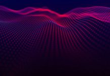 Wave of particles. Futuristic dots pattern on dark background. Big data digital code. Technology or Science Banner. 3D rendering