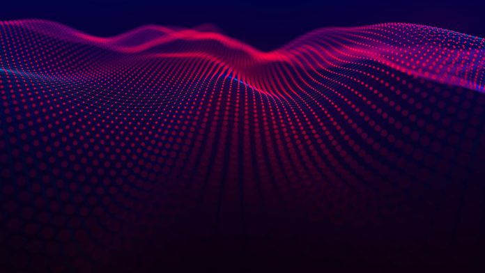 Wave of particles. Futuristic dots pattern on dark background. Big data digital code. Technology or Science Banner. 3D rendering