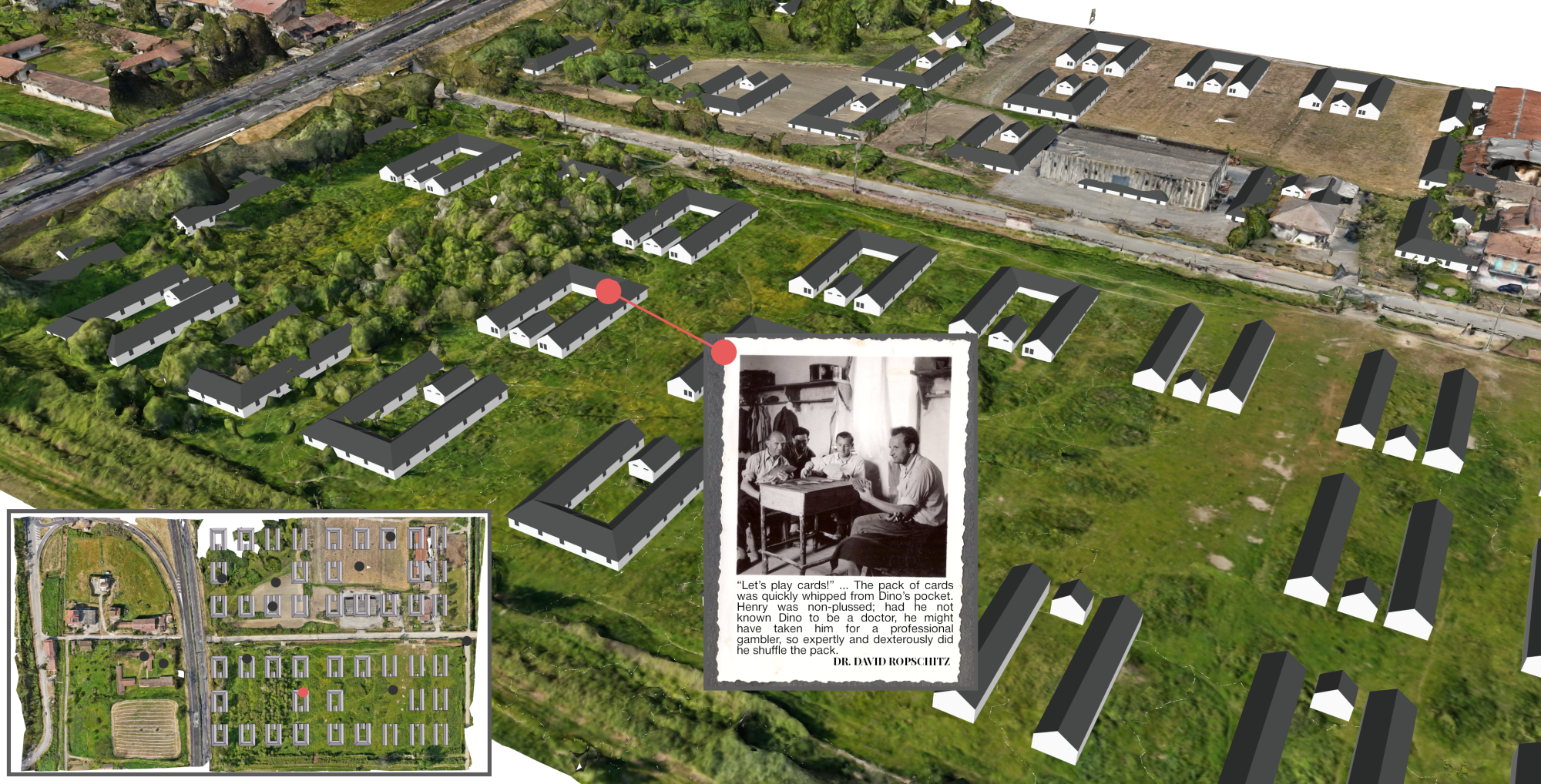 Figure 3: Ferramonti 3D conceptual overview with a 2D map and a 3D zoom to a selected photograph of men playing cards, connected to a thematically related excerpt from a testimony by Dr David Ropschitz