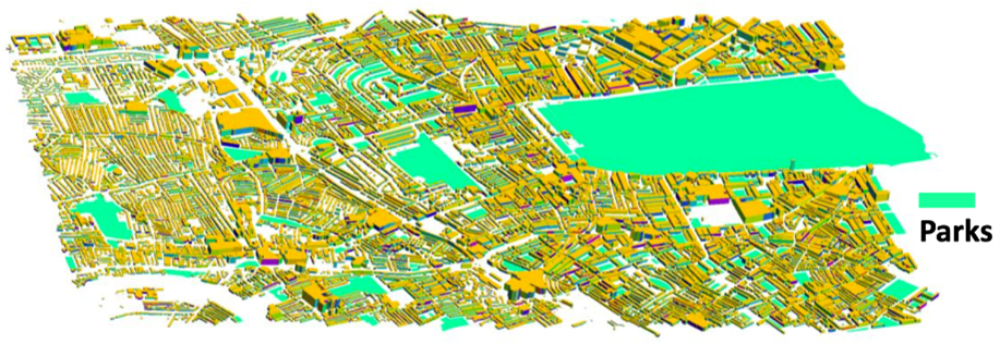 Figure 1. Rapid High-fidelity airflow simulation in central London – virtual city (2 billion nodes London modelled using AI4PDEs). Left: the geometry of the model, Xiaofei Wu. Below: speed of airflow 5m above ground level (red: rapid airflow, blue: low air flow), Boyang Chen.