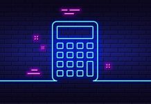 Neon light glow effect. Calculator line icon. Accounting sign. Calculate finance symbol. 3d line neon glow icon. Brick wall banner. Calculator outline. Vector