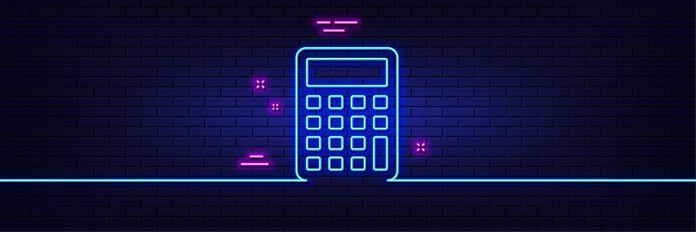 Neon light glow effect. Calculator line icon. Accounting sign. Calculate finance symbol. 3d line neon glow icon. Brick wall banner. Calculator outline. Vector