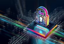 Hardware security concept. Digital shield firewall with central computer processor and futuristic circuit board