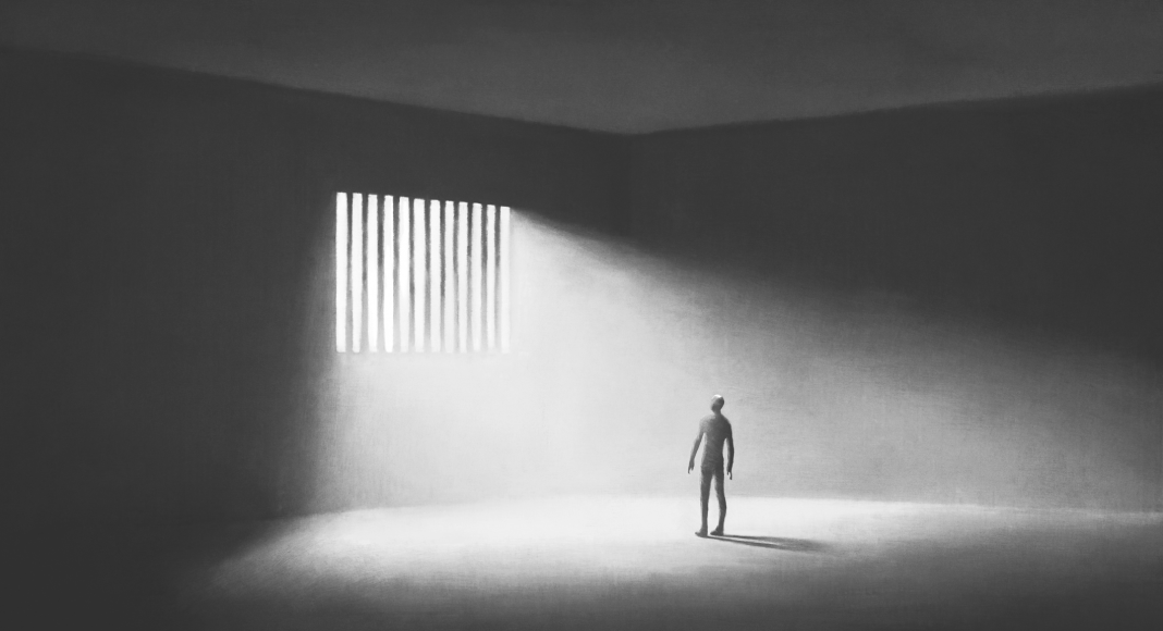 Illustration of prisoner looking the light coming from outside the bars, abstract redemption concept