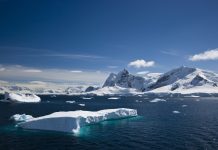 Ice and snowy mountains with water in the Paradise Harbour