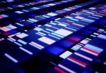 Abstract high-tech background with glowing lights in a row. Next-generation sequencing concept.