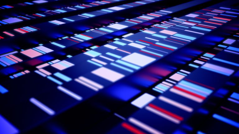 Abstract high-tech background with glowing lights in a row. Next-generation sequencing concept.