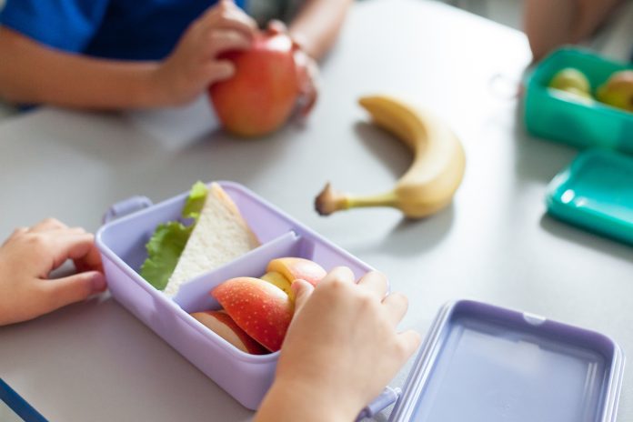 School kids eating healthy food from packed lunch boxes. Children at table in cafeteria. Pupils have vegetarian breakfast in canteen. Back to school concept. Lifestyle moment in elementary college