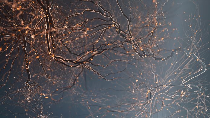 Firing Neurons - 3d rendered image of Neuron cell network on dark background. Conceptual medical illustration. Synapse. Healthcare concept. Glowing neurons signals.