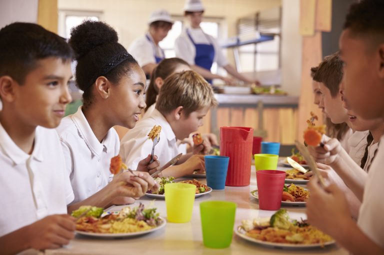 Primary school kids eat lunch in school cafeteria, close up