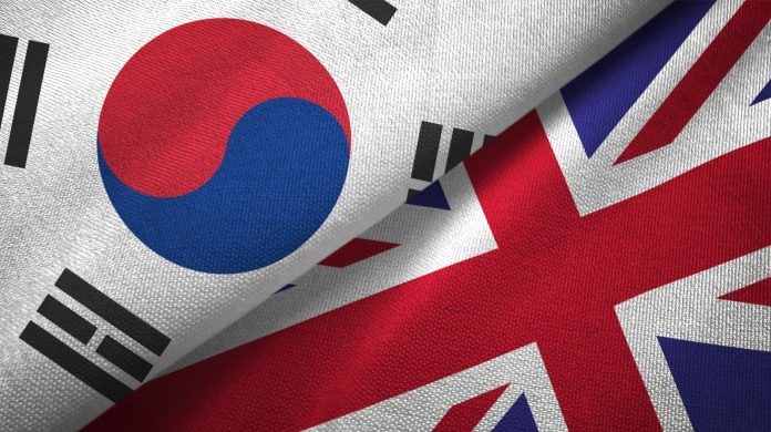 United Kingdom and South Korea flag together realtions textile cloth fabric texture