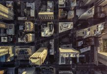 Overhead aerial view of Chicago Downtown skyscrapers. Urban grid with streets