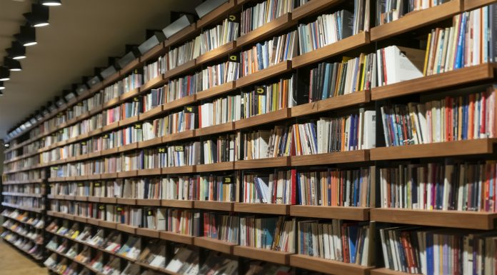 bookshelf background in interior, close up