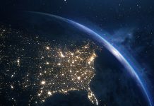 USA seen from space at night. Glowing maps of USA. 3D render.