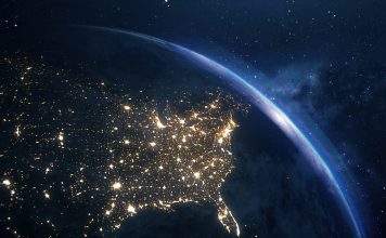 USA seen from space at night. Glowing maps of USA. 3D render.