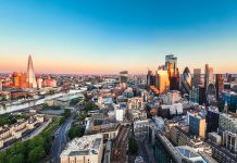 Aerial view of finance district in London