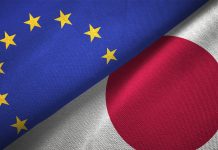 Japan and European Union two flags together realations textile cloth fabric texture