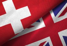 United Kingdom and Switzerland two flags together realations textile cloth fabric texture