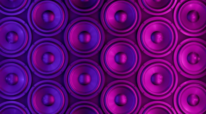 3d rendering of Loudspeakers with neon lights. Music party concept.